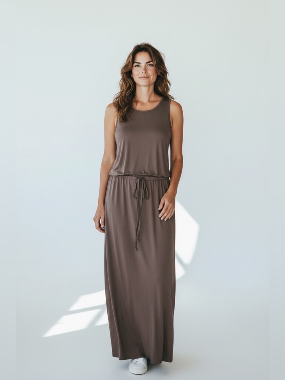 Michael Stars Sleeveless Drawstring Brown Maxi Dress.